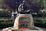 Mahatma Gandhi Statue in London latest, Mahatma Gandhi Statue in London news, iconic gandhi statue vandalised near london university, Flower Mahatma Gandhi Statue in London latest, Mahatma Gandhi Statue in London news, iconic gandhi statue vandalised near london university, Flower